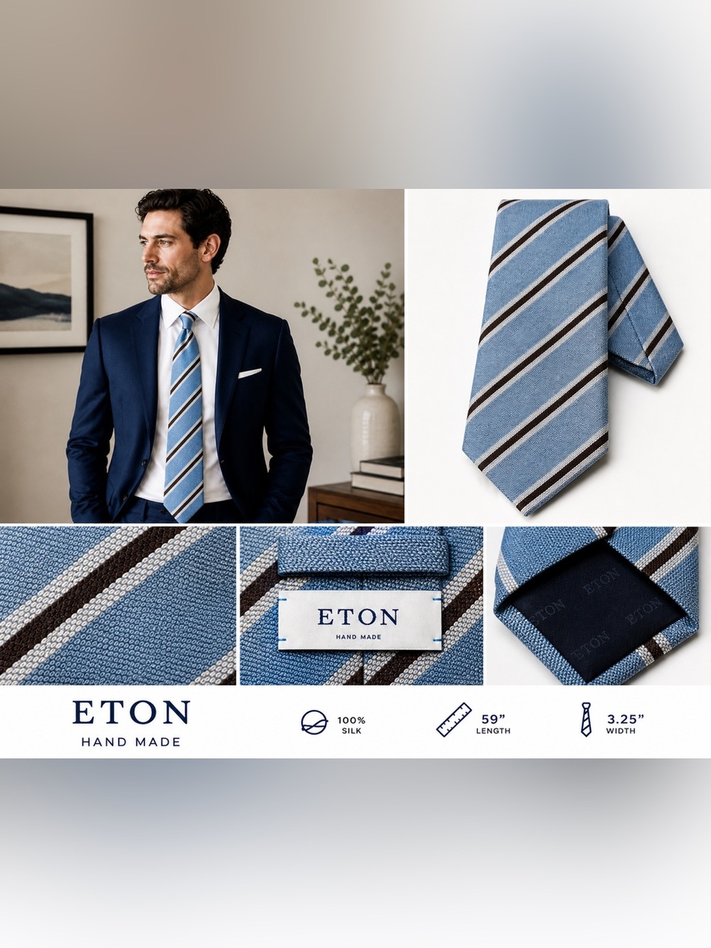 Eton Silk Tie Blue Brown Stripe Textured Classic Designer Mens Necktie - Picture 6 of 6
